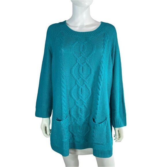 Blair Cable Knit Sweater with Pockets Turquoise 3XL - Picture 1 of 9